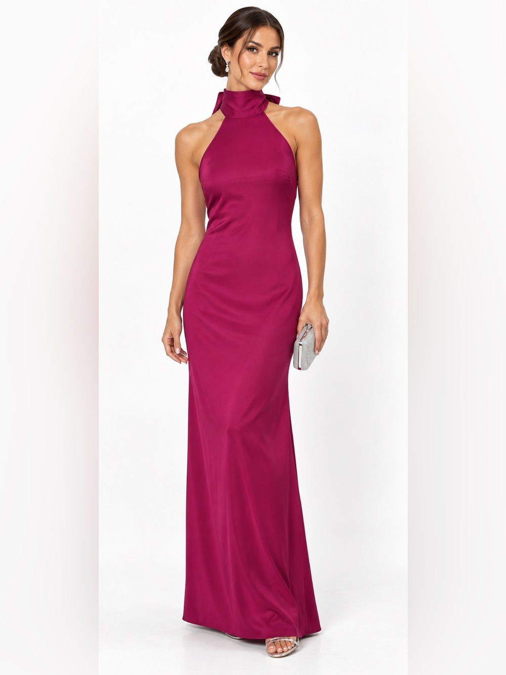 Fuchsia Satin Halter Open Back Bow maxi dress Formal Gown XS wedding guest